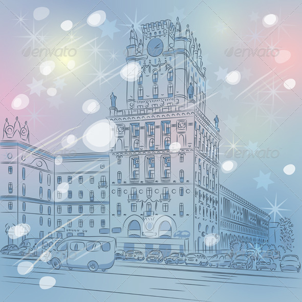 Vector Christmas Winter Cityscape of a City Center - Buildings Objects