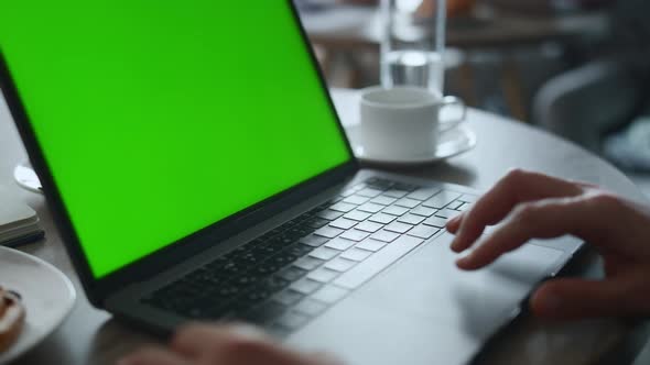 Businessman Hands Touching Keyboard Computer Device Chroma Key Working in Cafe alt