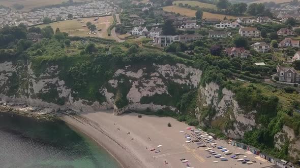 Beer village, Lyme Bay shore and cliffs. Beautiful part of Jurassic Coast, English first natural Wor alt