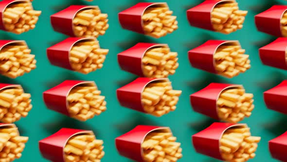 Seamless looping animation of boxes with crispy french fries. Fast-food snacks. alt