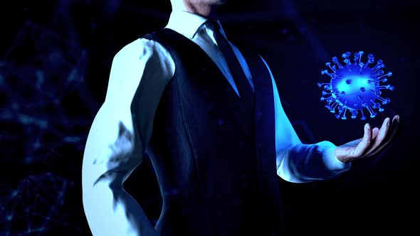 Businessman Holds Coronavirus Particle In Left Hand With Plexus Network Connection Lines 4k alt