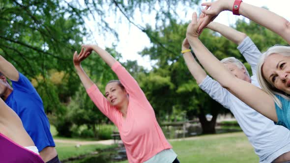 Group of people exercising together in the park alt
