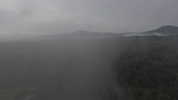 Aerial view of foggy mountains, clouds and forest