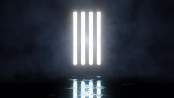 Background with vertical neon lights, fog and reflection on the floor. The stage for the show.