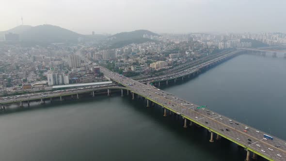 Korea Seoul Hannam Dong, Hannam Bridge Gangbuk North Road Traffic