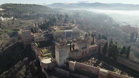 Magnificent Islamic architecture, Alhambra palace and fortress, Granada, Spain.  Panoramic aerial fo