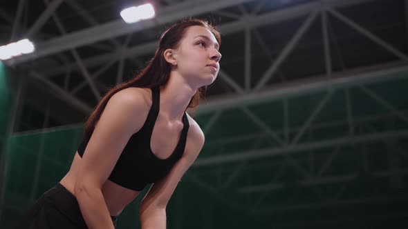 Junior Tennis Competition Girl Tennis Player is Waiting Strike of Opponent on Tennis Court Standing alt