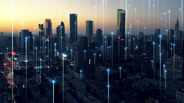 smart Connected city skyline. Futuristic network concept, city Technology. alt