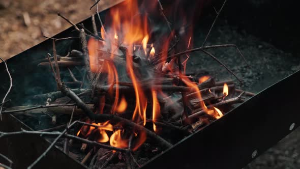 Close Up Of Burning Campfire In Safety Place In The Evening