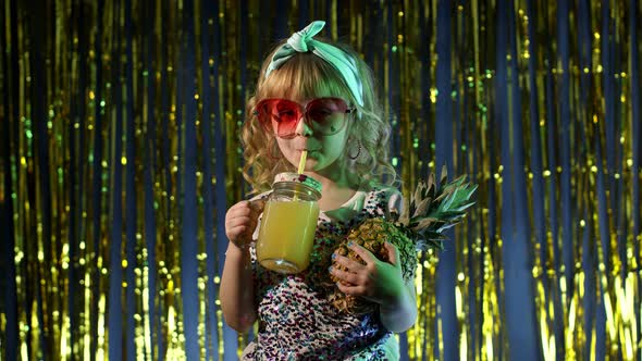 Trendy Stylish Child Kid with Pineapple Fruit Drinking Juice in Futuristic Club with Neon Light alt