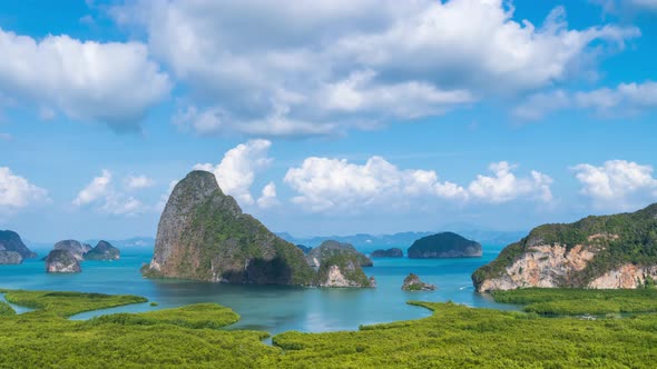 Samet Nangshe viewpoint over Phang-nga Bay and mountains in Andaman sea, Thailand - Time Lapse