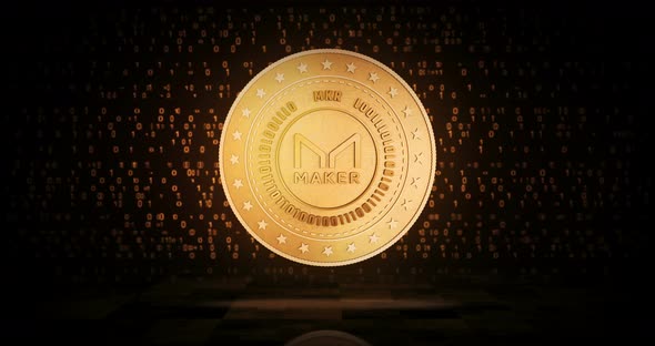 Maker MKR cryptocurrency golden coin loop on digital background alt