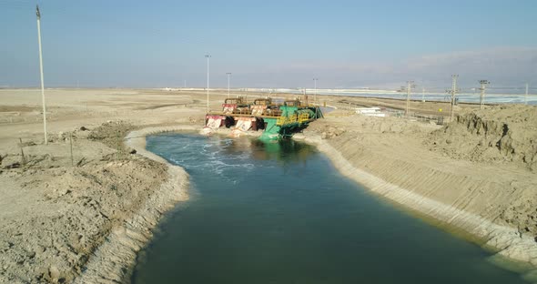 Aerial view of three water pump in the Dead Sea, Negev, Israel. alt