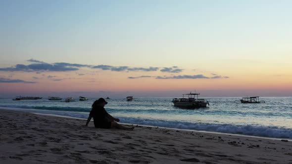 Single lady posing on tropical bay beach lifestyle by blue green sea with white sandy background of  alt