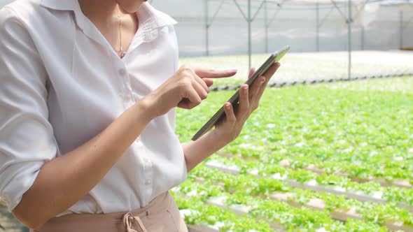 woman farmer holding tablet check order purchasing feel relax and happy looking at plant.