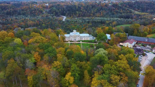 Aerial View of the Krimulda Palace in Gauja National Park Near Sigulda and Turaida, Latvia. 4K Video alt