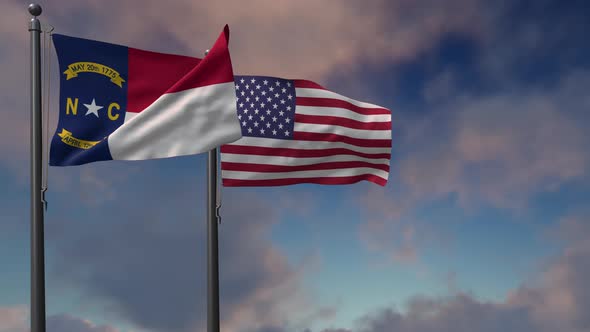 North Carolina State Flag Waving Along With The National Flag Of The USA - 4K alt