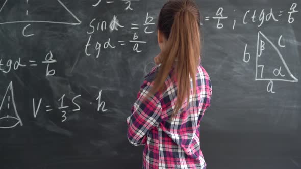 Caucasian Girl Schoolgirl in a Shirt Stands Against the Background of a Chalk Board with Formulas alt