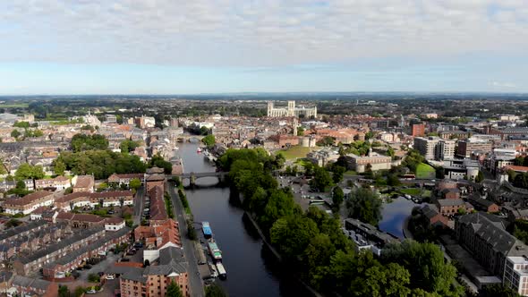 Aerial footage of the town of York located in North East England in the UK alt