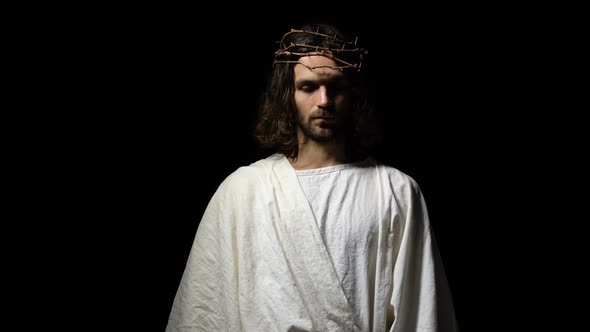 Jesus in Crown of Thorns and Robe Giving Hand, Asking for Belief and Kindness alt