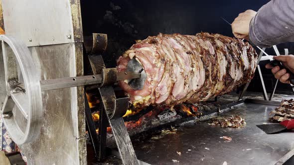 Turkish Traditional Food Named Cag Kebab Doner On Barbecue Fire 8 alt