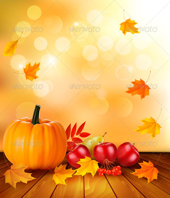 Autumn Background with Fresh Fruit and Leaves - Seasons Nature
