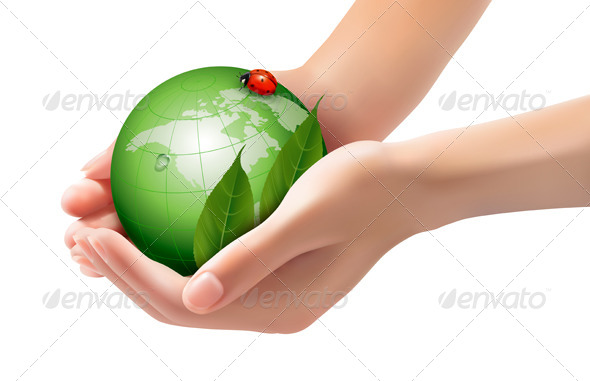 Green World and Leaf have Love Bug in Woman Hands. - Nature Conceptual
