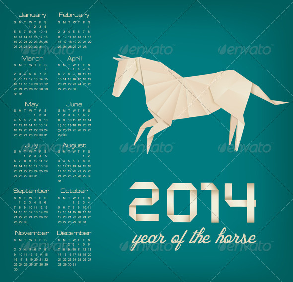 Retro Calendar for the New Year. Origami Horse - New Year Seasons/Holidays