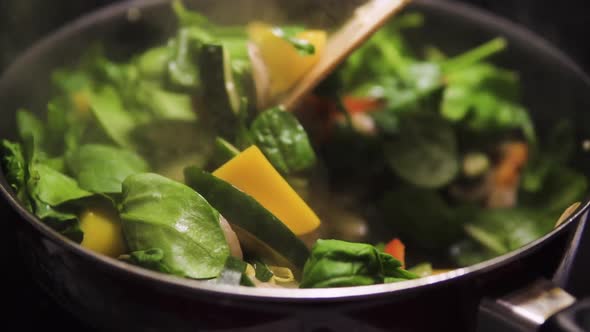 Homemade stir fry. A colorful pan full of vegetables and mushrooms. Slow motion stirring. Bright Gre alt