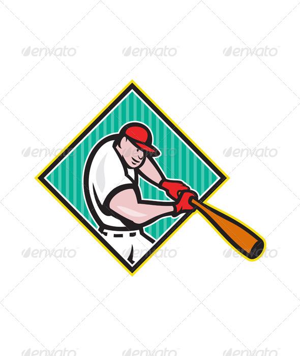 Baseball Player Batting Diamond Cartoon - Sports/Activity Conceptual
