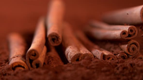 Super Slow Motion Shot of Falling Cinnamon Into Brown Powder at 1000Fps alt