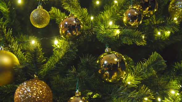 Christmas Toy. New Year Greeting Card with Yellow and Gold Balls  alt