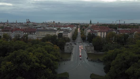 Aerial View of Munich Germany in Twilight, Bridge Traffic on Isar River and City View From Maximilia alt