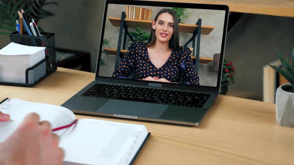 Woman tutor in computer laptop screen tells teaches online remote webcam chat, distance education alt