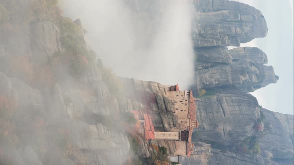 Monastery in Greece in the Early Morning, Fog Background, Meteora