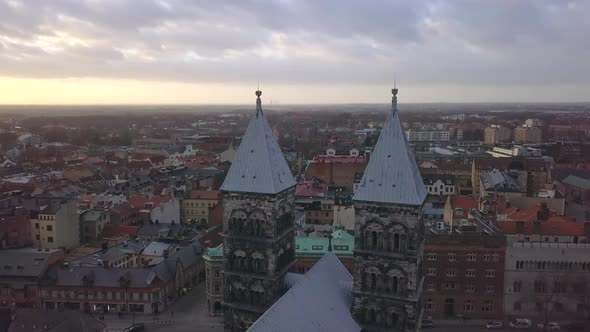 Aerial Drone Shot of Lund Cathedral Towers
