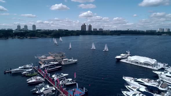 Aerial View of Marina with Yachts Which are Moored at the Dock
