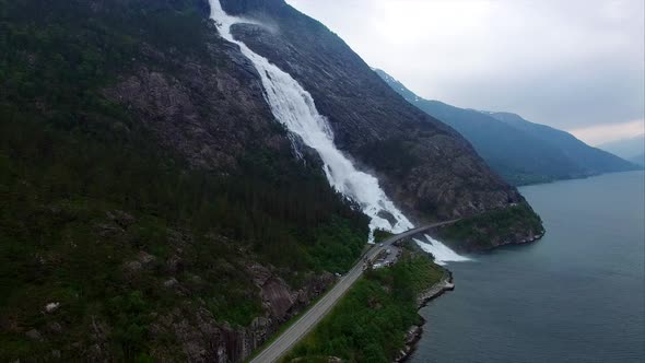 Massive Langfossen waterfalls in Norway, aerial footage, aerial footage
