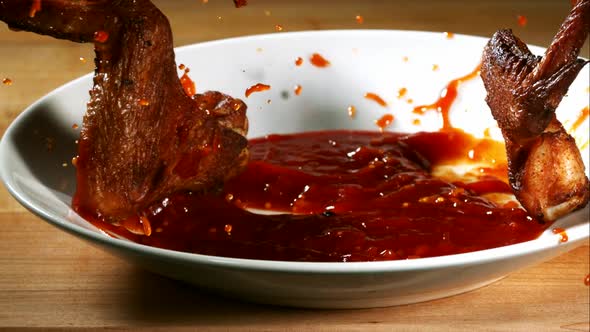 BBQ Chicken splashing in ultra slow motion 1500fps into BBQ sauce - BBQ PHANTOM  alt