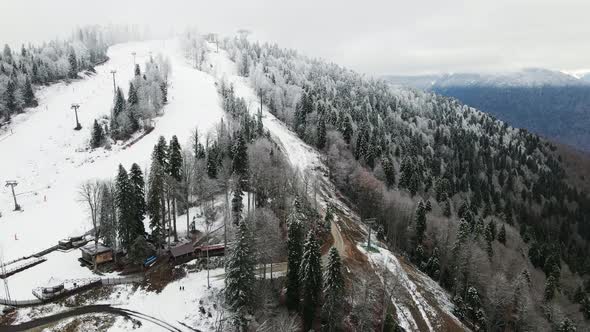 Aerial View of a Beautiful Winter Landscape with Snowy Green Coniferous Forest alt