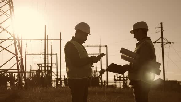 Silhouette of Engineers Looks at the Construction of Highvoltage Power alt