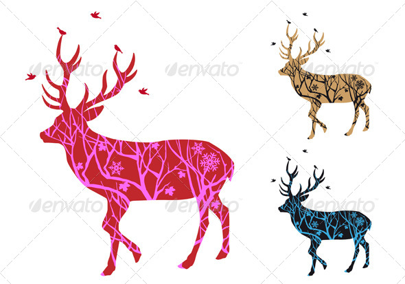 Christmas Deer Silhouette with Birds - Animals Characters