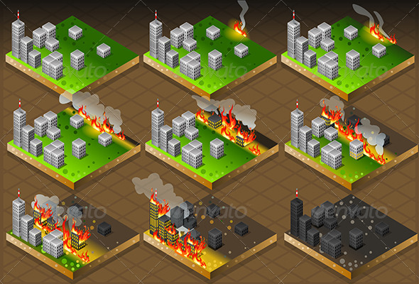 Isometric Fire Disaster Classifications Scale - Buildings Objects