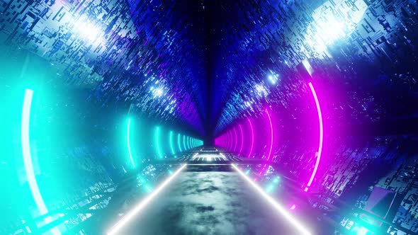 Futuristic moving tunnel with glowing lights. Infinite loop animation alt
