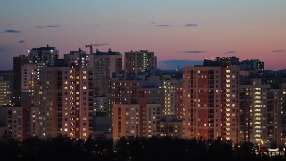 Buildings of city, evening sky, timelapse