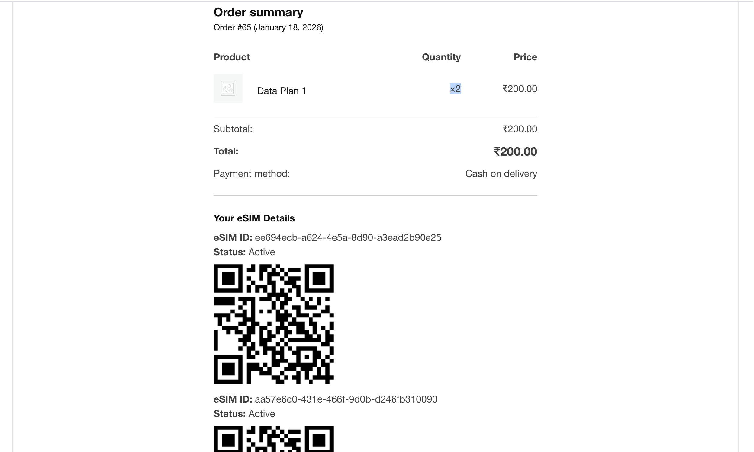 Multiple eSIM Order Details