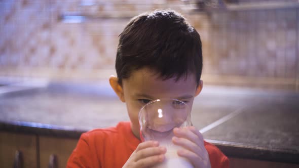 Little Brunette Boy Drinks Milk From a Mug and Licks His Lips