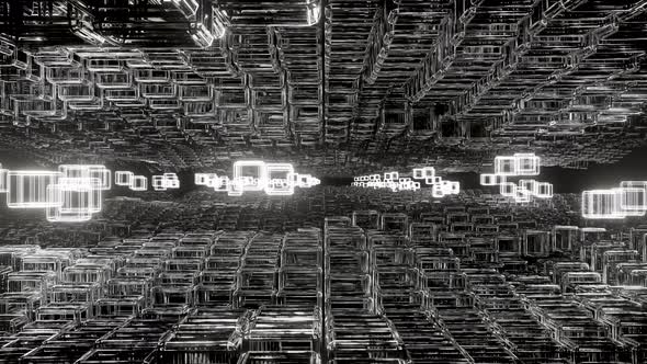 3d steel cubes tunnel, Abstract flying in futuristic corridor, seamless loop alt