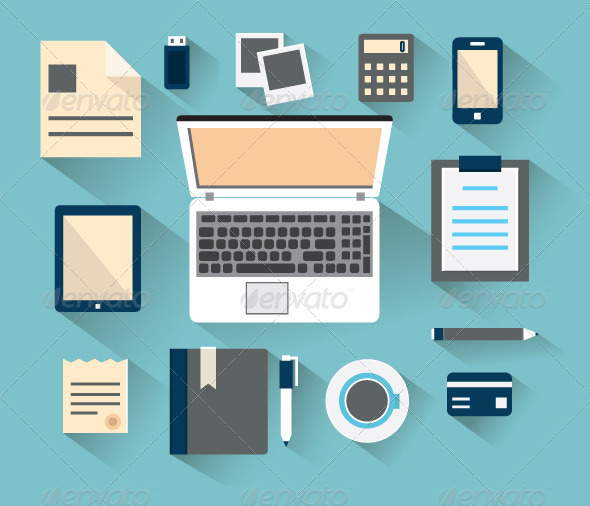Workplace with Mobile Devices and Documents - Objects Vectors