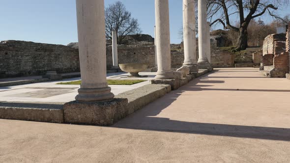 GAMZIGRAD, SERBIA - DECEMBER 25, 2017 Colums inside Felix Romuliana palace built by Roman Emperor Ga alt